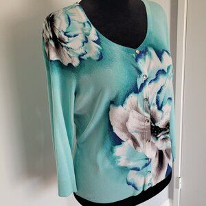 White House Black Market Women's Aqua Floral Embellished Button Up Cardigan (XL)